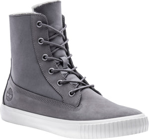 Gray high-top sneaker with a white sole and a lace-up design.