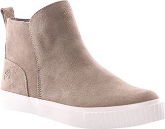 Taupe suede ankle boot with a white rubber sole.
