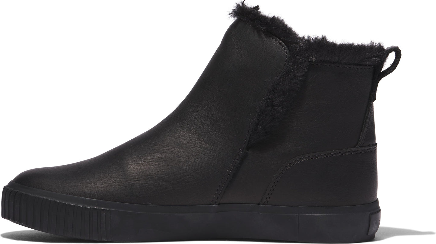 Black ankle boot with fur trim.