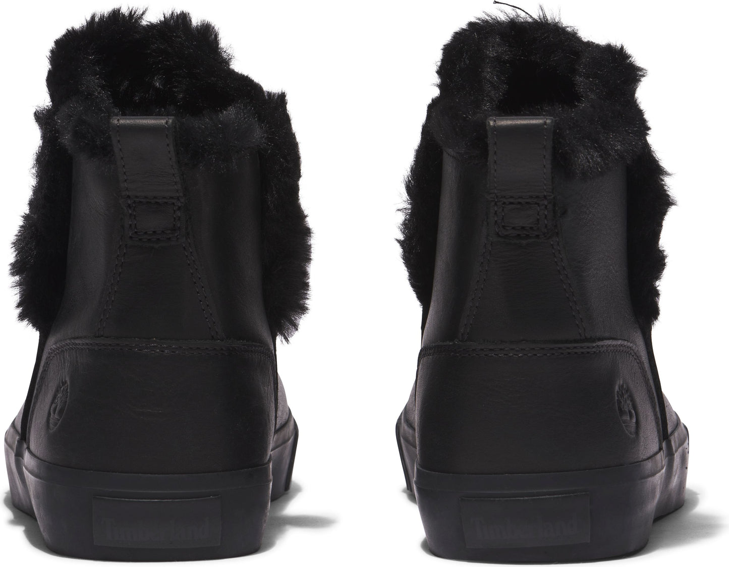 Pair of black leather ankle boots with faux fur trim around the ankle opening.