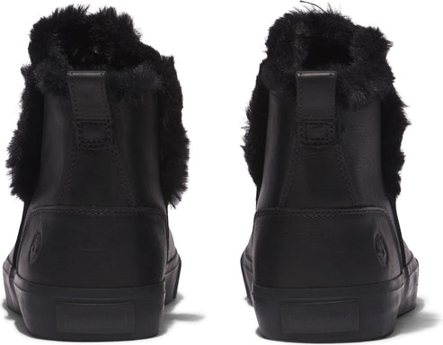 Pair of black leather ankle boots with faux fur trim around the ankle opening.