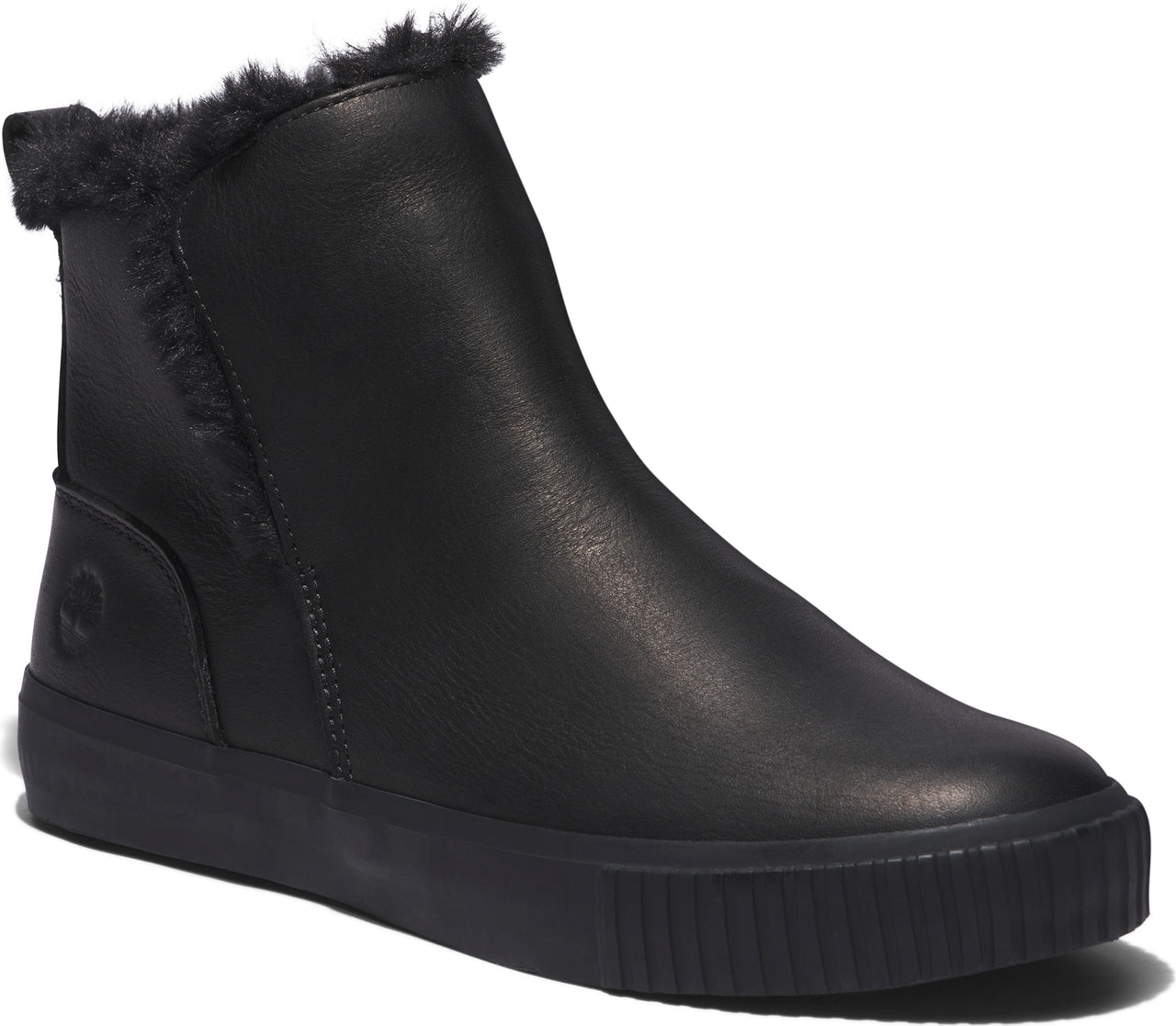A black boot with fur trim.