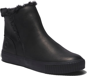 A black boot with fur trim.