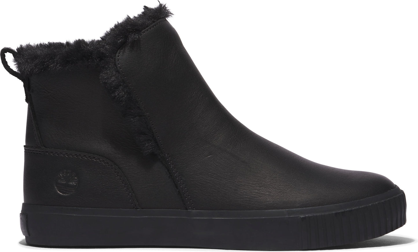 Black high-top sneaker with faux fur trim.