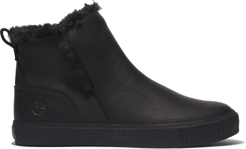 Black high-top sneaker with faux fur trim.