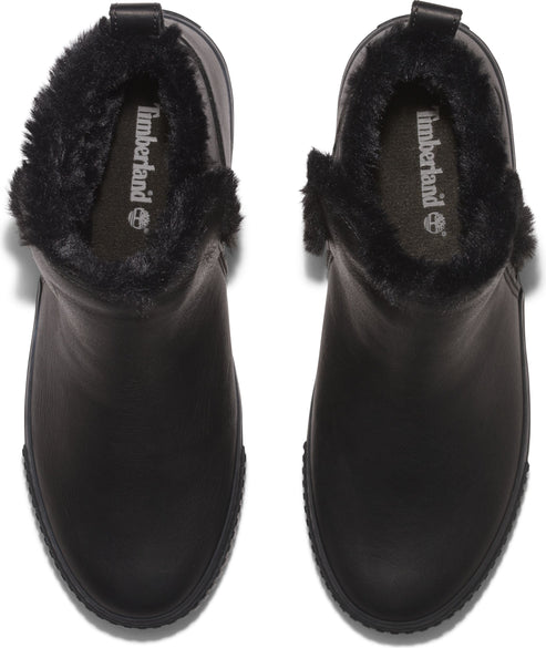 Overhead view of two black Chelsea-style leather ankle boots with faux fur lining.
