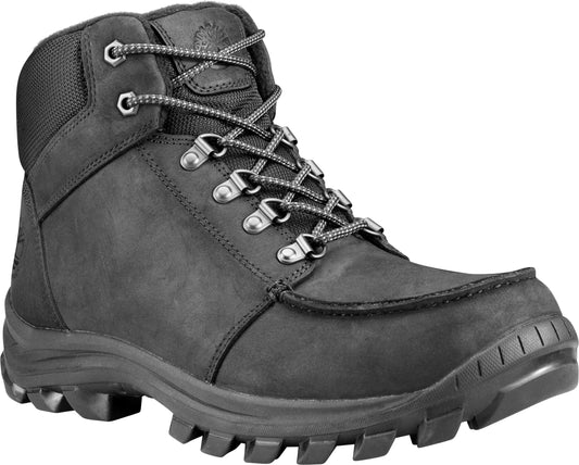 Black nubuck leather work boot with lug sole and gray laces.
