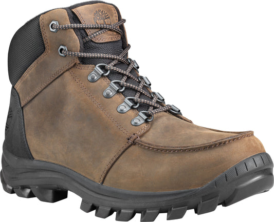 A brown leather work boot with black trim, with a lace-up closure.