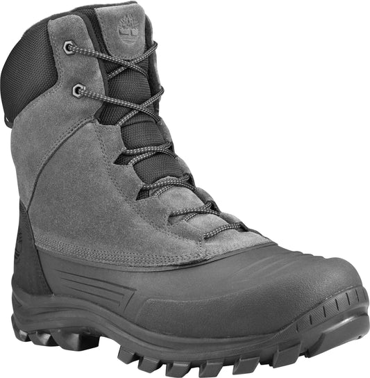 Gray high-cut winter boot with black rubber sole and black laces.
