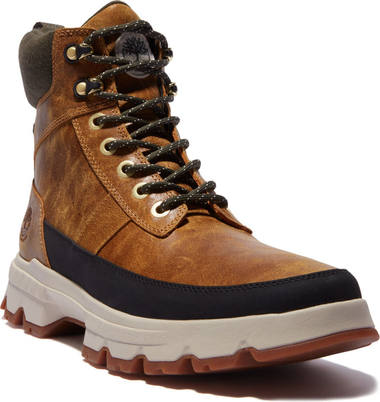 Brown leather lug-soled hiking boot with laces, metallic eyelets, black trim and a padded collar.