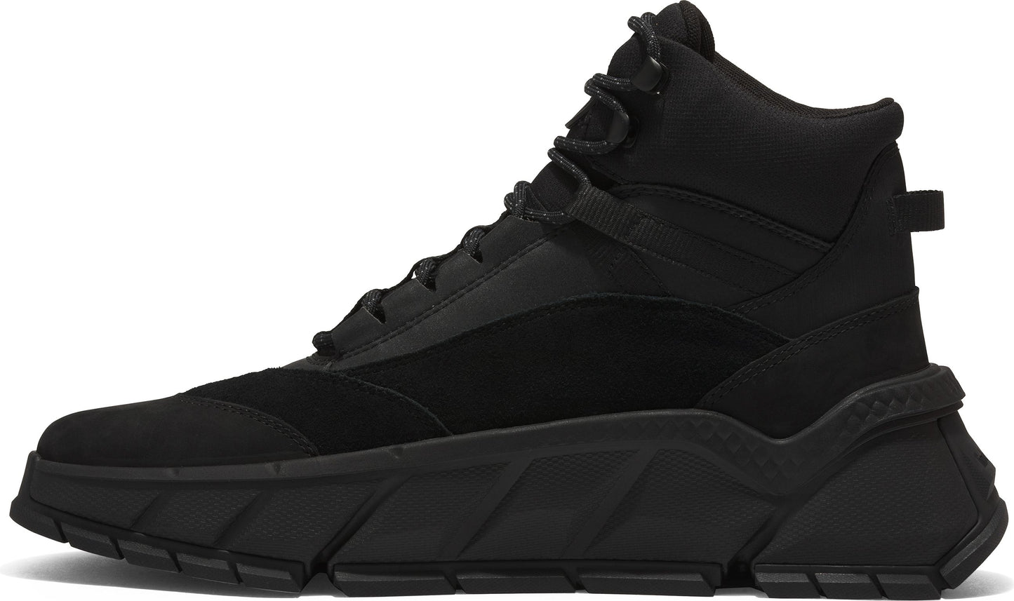 Black high-top shoe with thick, angular sole, featuring fabric and suede panels and a pull tab at the heel.