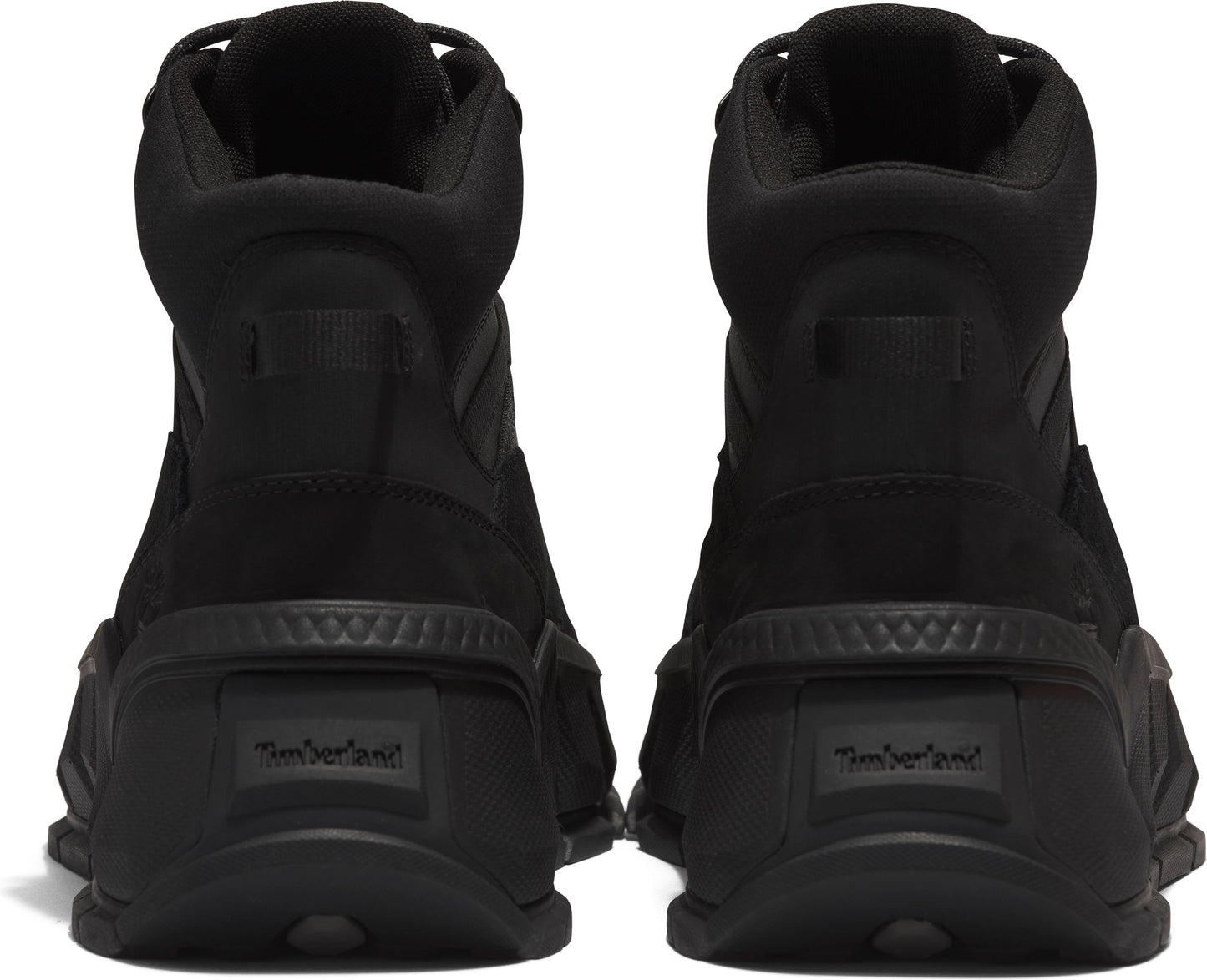 A pair of high-top matte black boots with the word "Timberland" embossed on the heels.