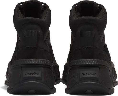 A pair of high-top matte black boots with the word "Timberland" embossed on the heels.