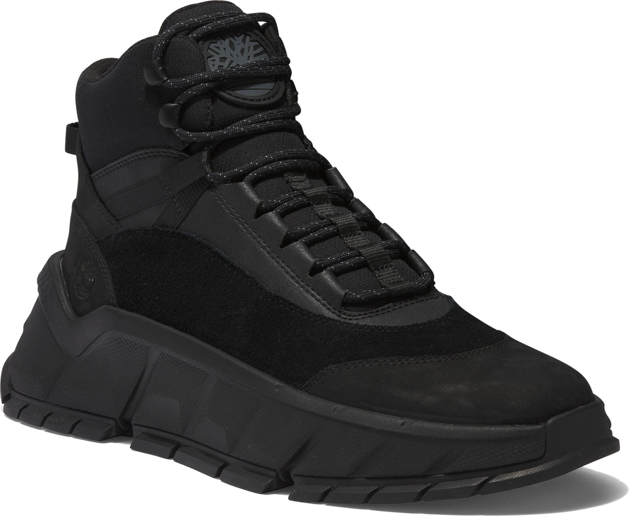 High-top black boot with chunky treaded sole, suede and synthetic paneling, and corded laces.
