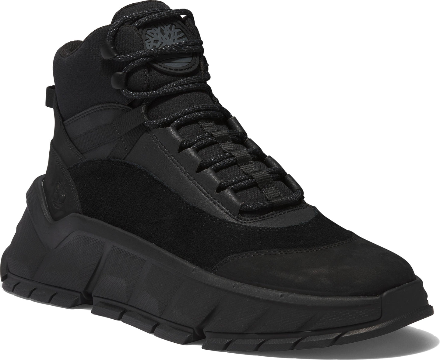 High-top black boot with chunky treaded sole, suede and synthetic paneling, and corded laces.