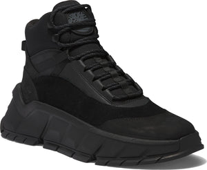 High-top black boot with chunky treaded sole, suede and synthetic paneling, and corded laces.
