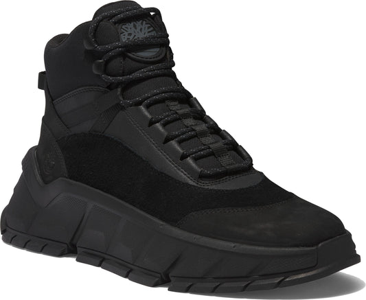 High-top black boot with chunky treaded sole, suede and synthetic paneling, and corded laces.