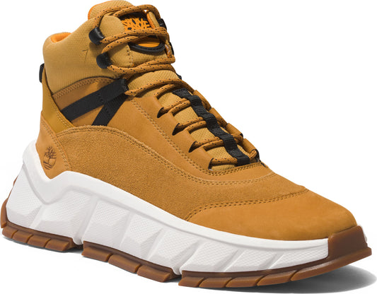 Wheat-colored high-top sneaker with black laces and white and brown sole.