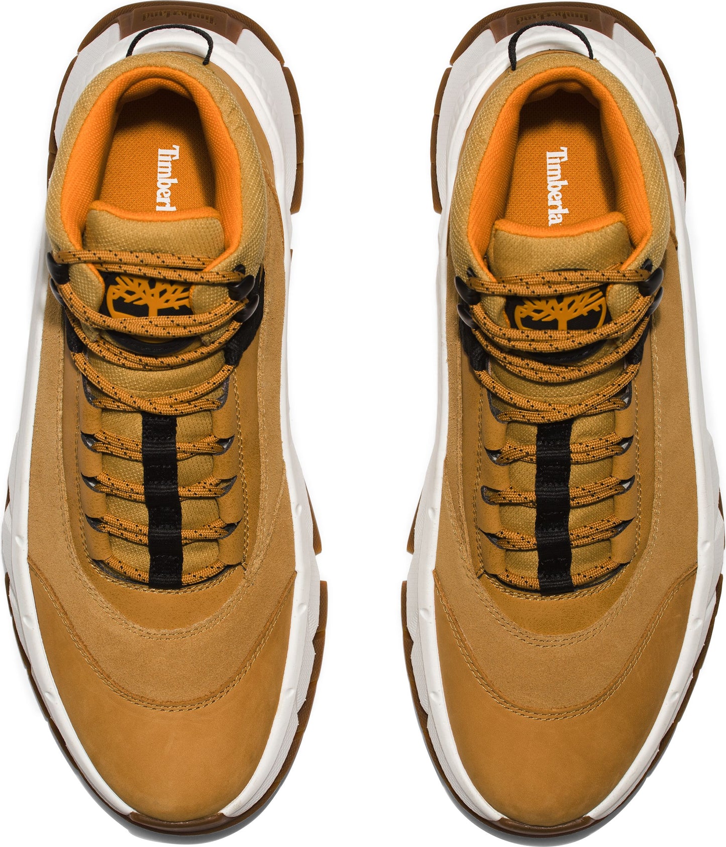 Pair of tan-colored Timberland high-top sneakers with white soles and brown laces. Interior is orange.