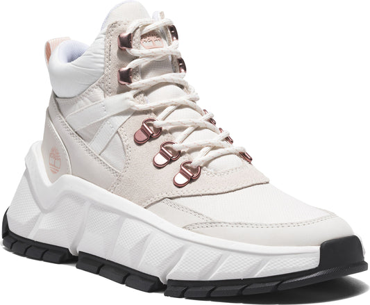 A white, high top athletic shoe with rose-gold-colored laces, hooks, and a chunky white sole with black accents.