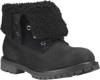 Black ankle boot with a folded-over fuzzy black collar and lace-up closure.