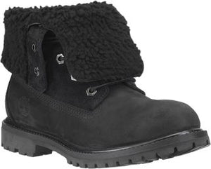 Black ankle boot with a folded-over fuzzy black collar and lace-up closure.