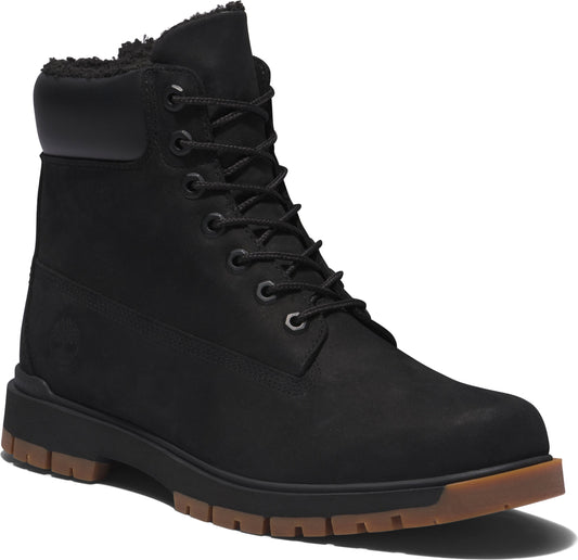 Black, laced, nubuck leather work boot with lug sole and faux-fur trim.