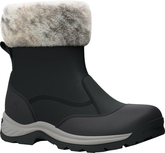 Black snow boot with fur trim and gray sole.