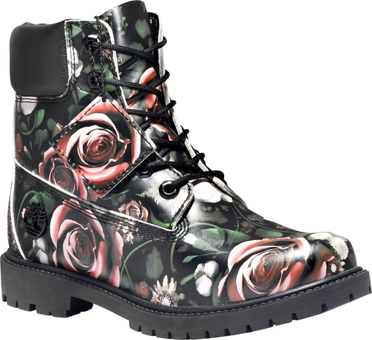 Black floral-print leather boot with a black padded collar and black laces on a black lug sole.