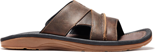 A brown leather sandal with criss-cross straps.