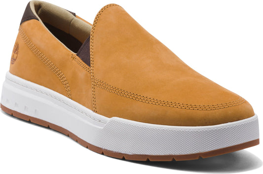 Slip-on shoe with a tan leather upper and a white sole.