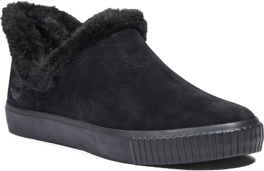 A black, slip-on sneaker boot with a faux fur lining around the ankle.