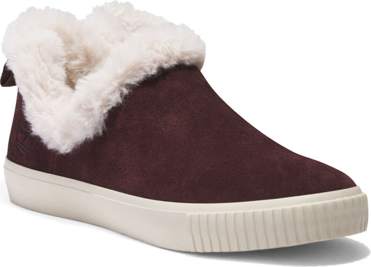 Maroon suede ankle sneaker with white faux fur trim and rubber sole.