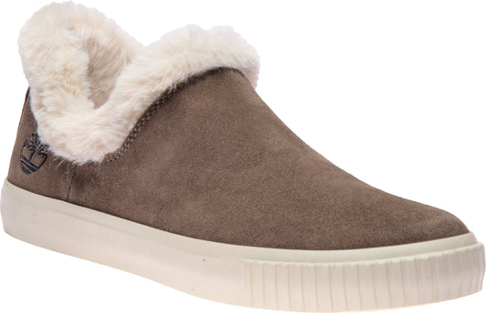 Slip-on style sneaker with suede leather and faux fur trim and white outsole.