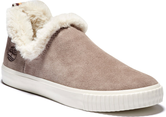 Suede slip-on bootie with faux fur trim and white sole.