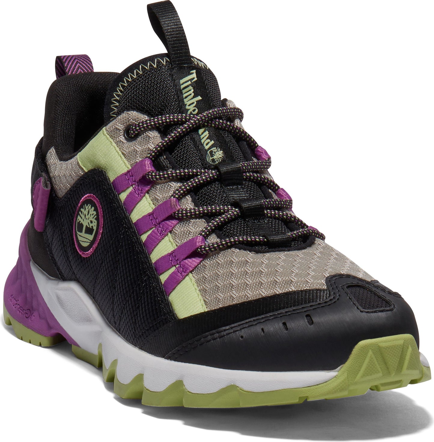 Low-top hiking sneaker featuring purple, black, and light green accents.