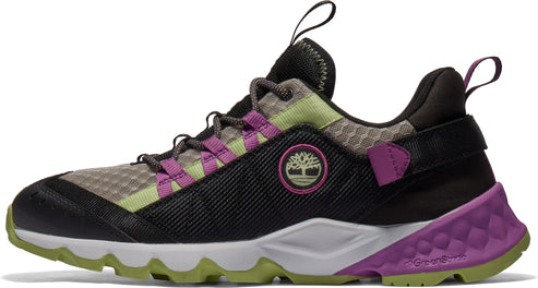 Sideways view of a black hiking shoe with light green and purple accents, featuring a hexagonal patterned upper, thick patterned sole and Timberland logo.