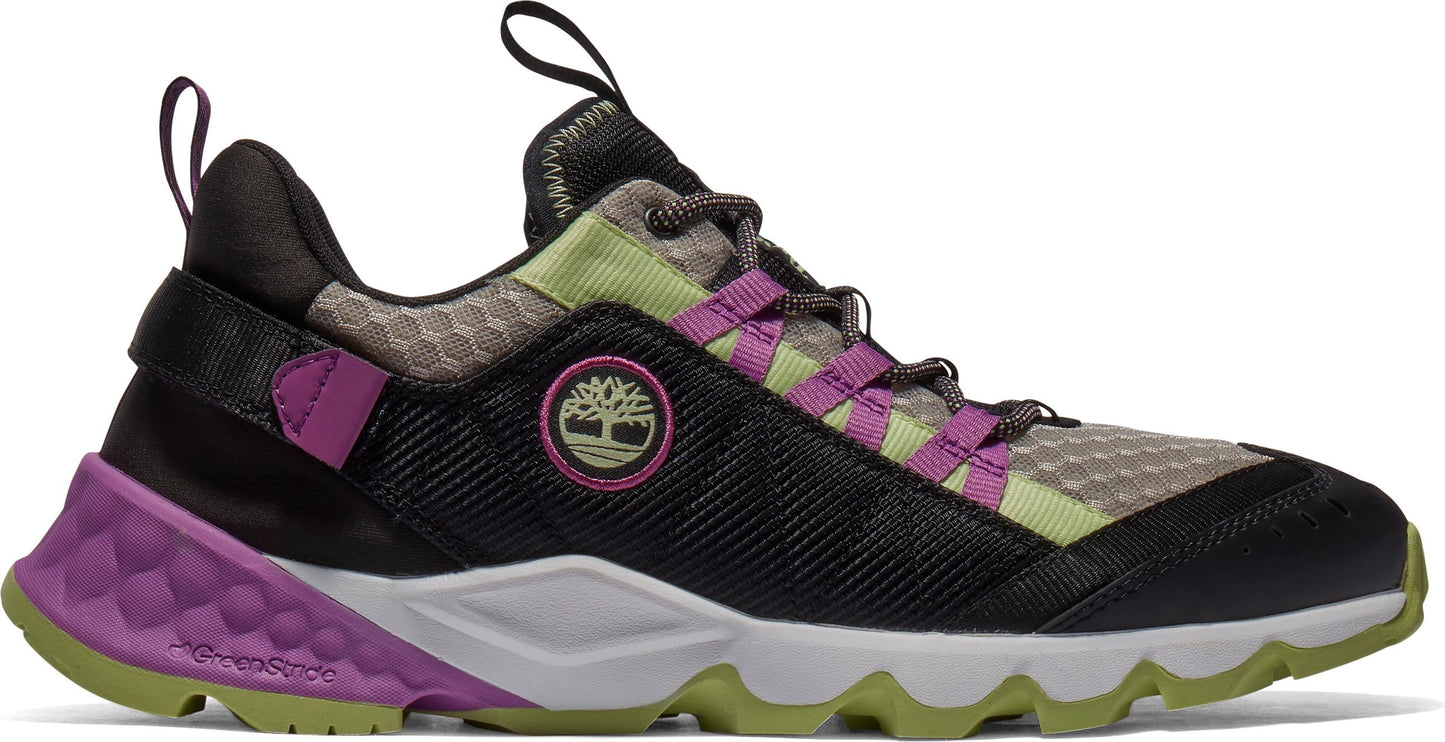 Black sneaker with purple accents, light green trim, lace closure, and a heel loop.