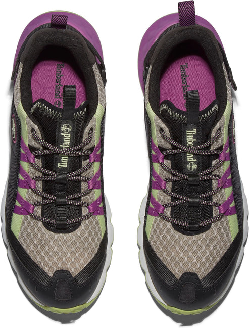 Top-down view of two shoes: mesh upper, black trim, purple lining, decorative green strips, and patterned shoelaces.