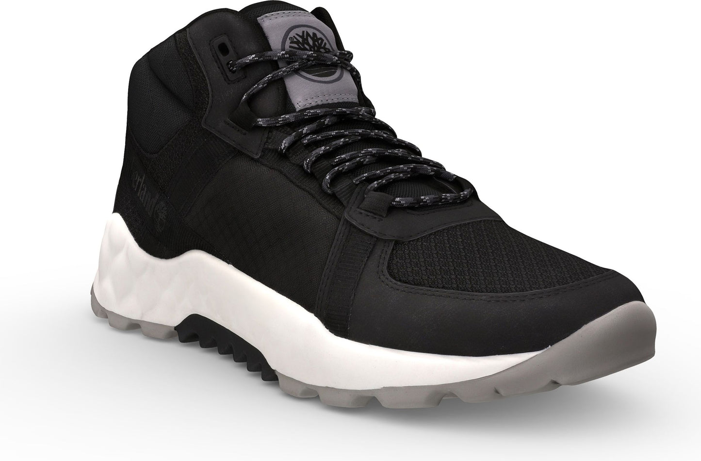 Black high-top sneaker with a white sole and patterned laces.