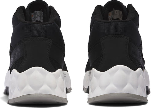 Back view of two black high-top sneakers with white geometric textured soles.