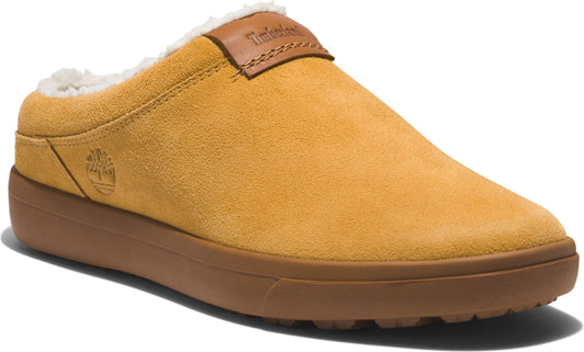 Slip-on shoe, mustard yellow suede, brown sole, fleece lining, logo on side, leather tag on top.
