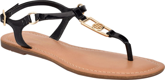 Black sandal with a gold decorative logo.