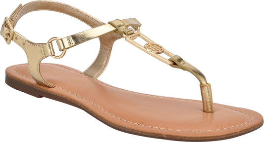 Gold flat sandal with T-strap and ankle strap.