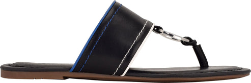 A black thong sandal with silver chain detail.