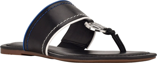 A black sandal with toe thong and silver hardware.
