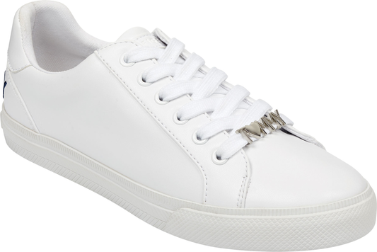 A white sneaker with white laces and a metallic 'MK' logo on the laces.