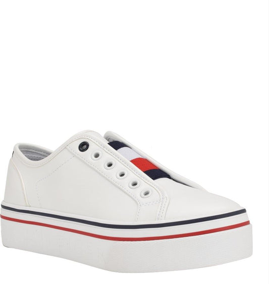 Low-top white sneaker with a thick sole, red and navy stripes, and a red, white, and blue accent.