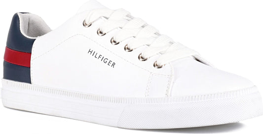 White sneaker with a red stripe on the heel and white laces spelling "HILFIGER" on the side.