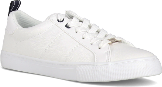 A white sneaker with white laces.